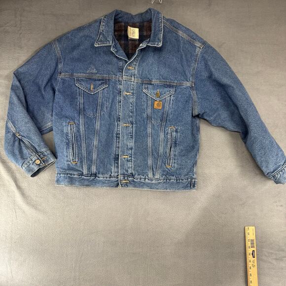 VTG 90s Carhartt Denim Blanket Lined Trucker Jacket Mens XL Button Up JB0998 USA - Picture 1 of 11